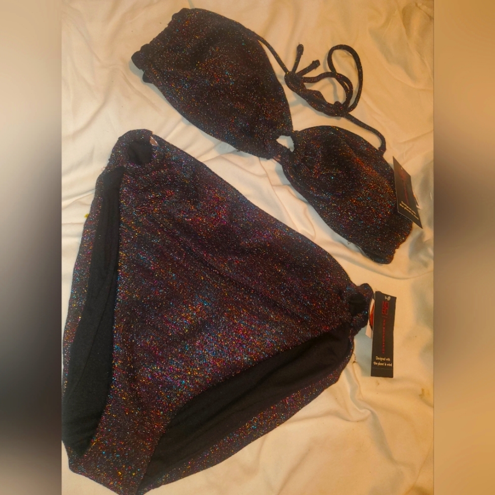 No boundaries Black with multi glitter effect size large bikini set NWT